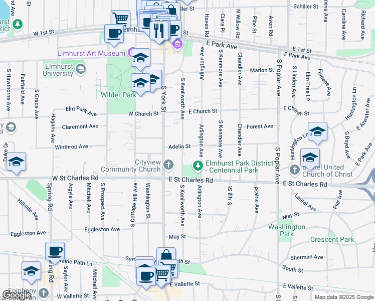 map of restaurants, bars, coffee shops, grocery stores, and more near 306 Arlington Avenue in Elmhurst