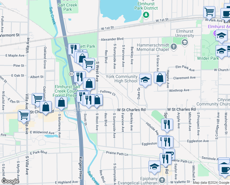 map of restaurants, bars, coffee shops, grocery stores, and more near 155 Fellows Court in Elmhurst