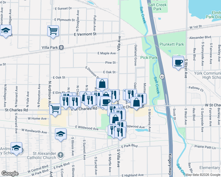 map of restaurants, bars, coffee shops, grocery stores, and more near 311 East Division Street in Villa Park