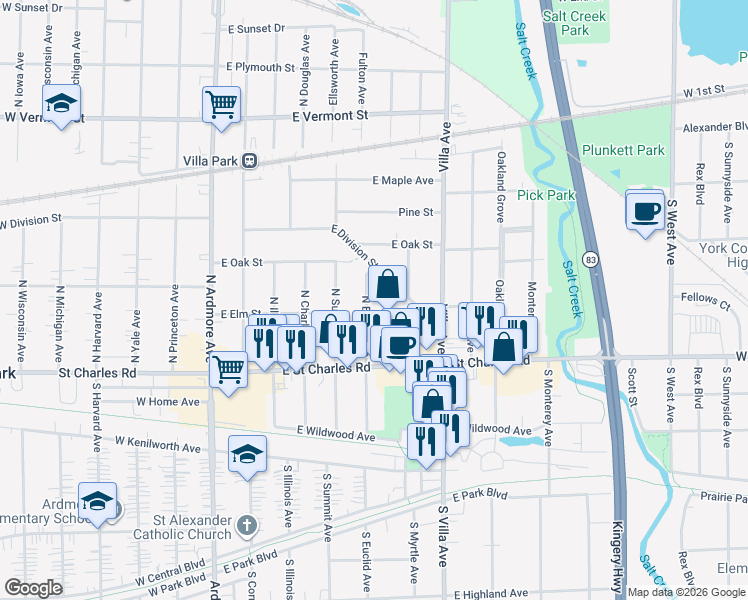 map of restaurants, bars, coffee shops, grocery stores, and more near 284 East Elm Street in Villa Park
