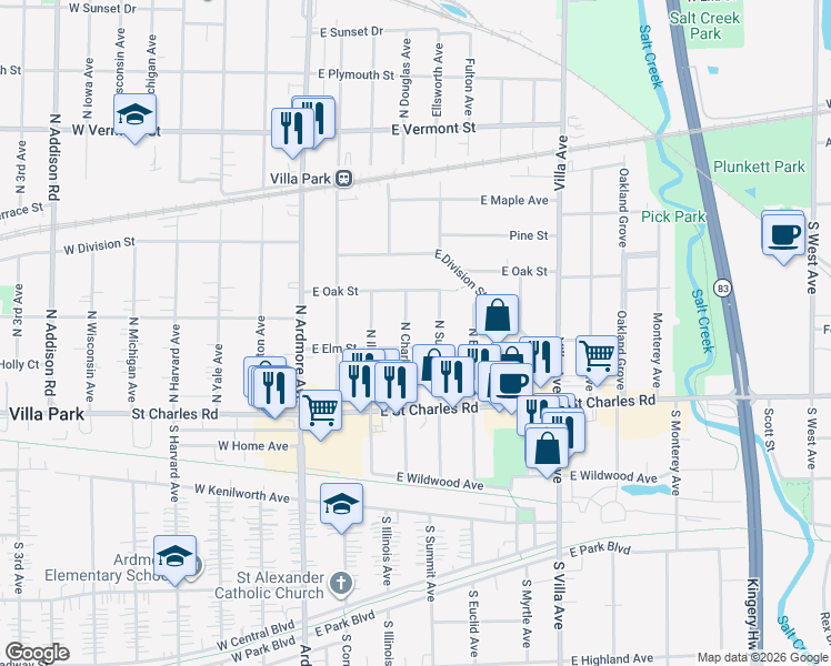 map of restaurants, bars, coffee shops, grocery stores, and more near 105 North Charles Avenue in Villa Park