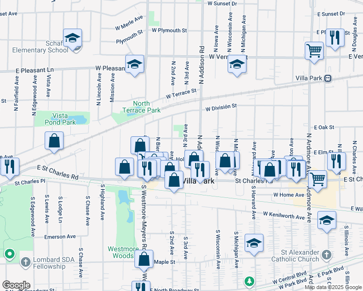 map of restaurants, bars, coffee shops, grocery stores, and more near 119 North 3rd Avenue in Villa Park