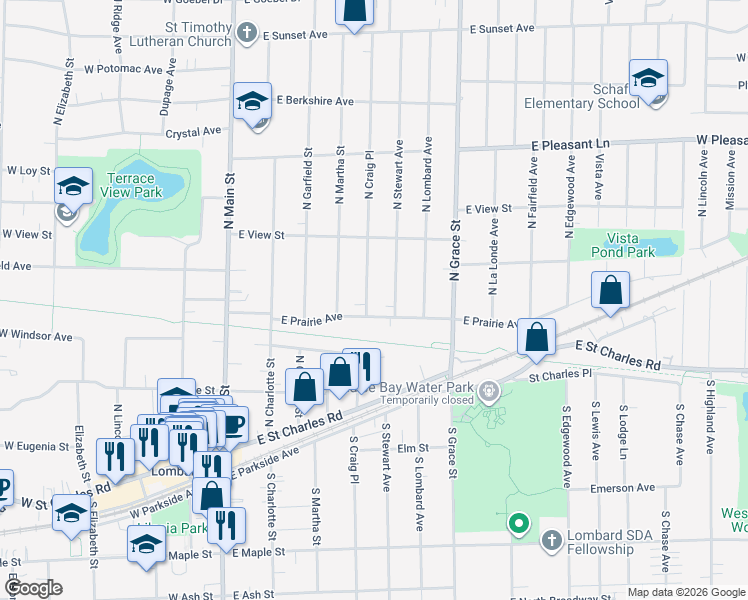 map of restaurants, bars, coffee shops, grocery stores, and more near 208 North Craig Place in Lombard