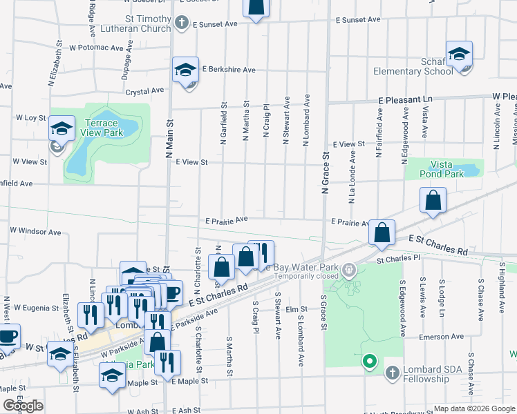 map of restaurants, bars, coffee shops, grocery stores, and more near 208 North Craig Place in Lombard