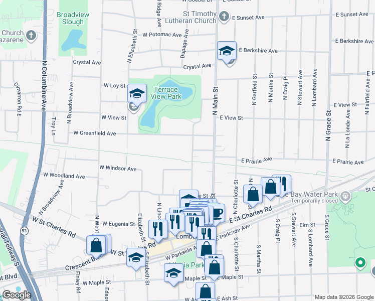 map of restaurants, bars, coffee shops, grocery stores, and more near 218 North Park Avenue in Lombard