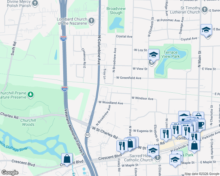 map of restaurants, bars, coffee shops, grocery stores, and more near 450 West Windsor Avenue in Lombard