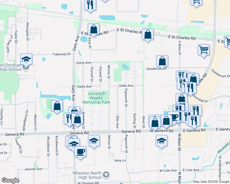 map of restaurants, bars, coffee shops, grocery stores, and more near 1N226 Ellis Avenue in Carol Stream