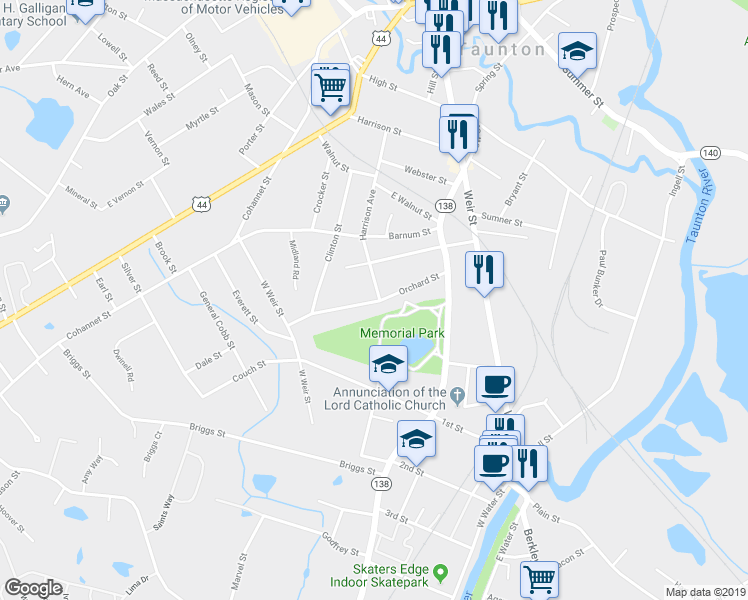 map of restaurants, bars, coffee shops, grocery stores, and more near 87 Harrison Avenue in Taunton