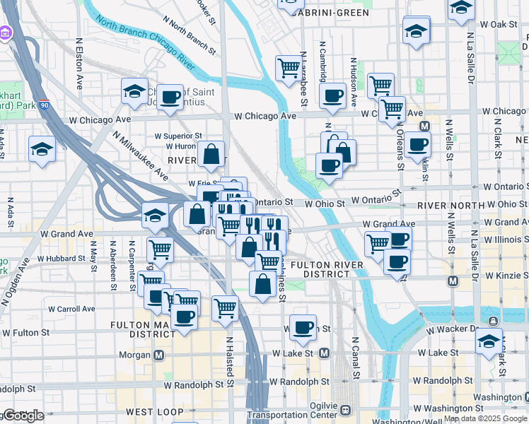 map of restaurants, bars, coffee shops, grocery stores, and more near 661 West Ohio Street in Chicago