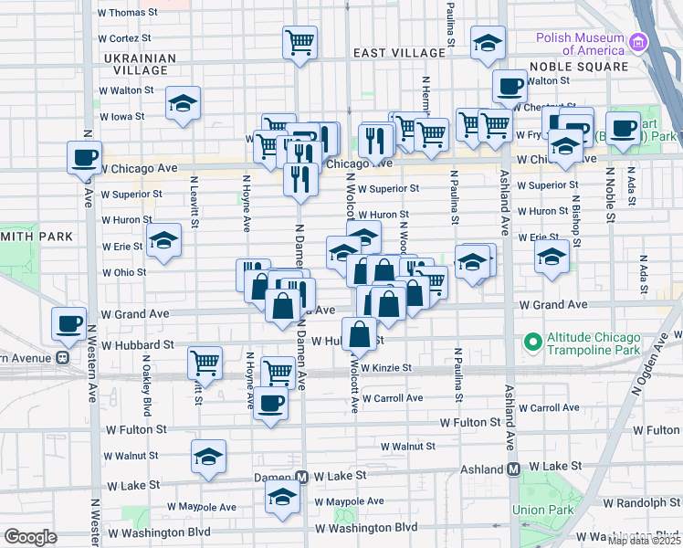 map of restaurants, bars, coffee shops, grocery stores, and more near 1911 West Ohio Street in Chicago
