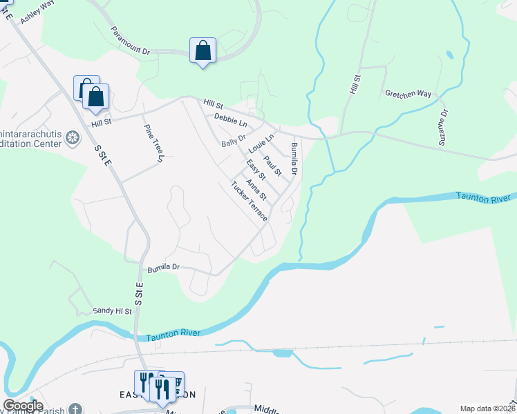 map of restaurants, bars, coffee shops, grocery stores, and more near 15 Anna Street in Raynham