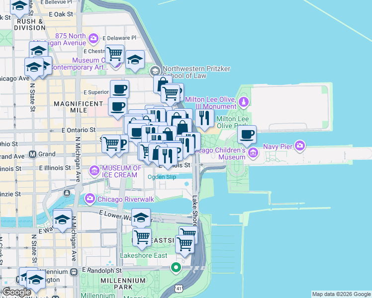 map of restaurants, bars, coffee shops, grocery stores, and more near 530 East Grand Avenue in Chicago