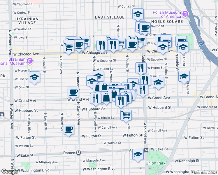 map of restaurants, bars, coffee shops, grocery stores, and more near 537 North Wood Street in Chicago