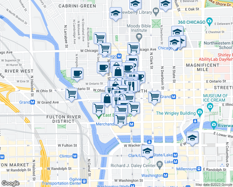 map of restaurants, bars, coffee shops, grocery stores, and more near 320 West Ohio Street in Chicago