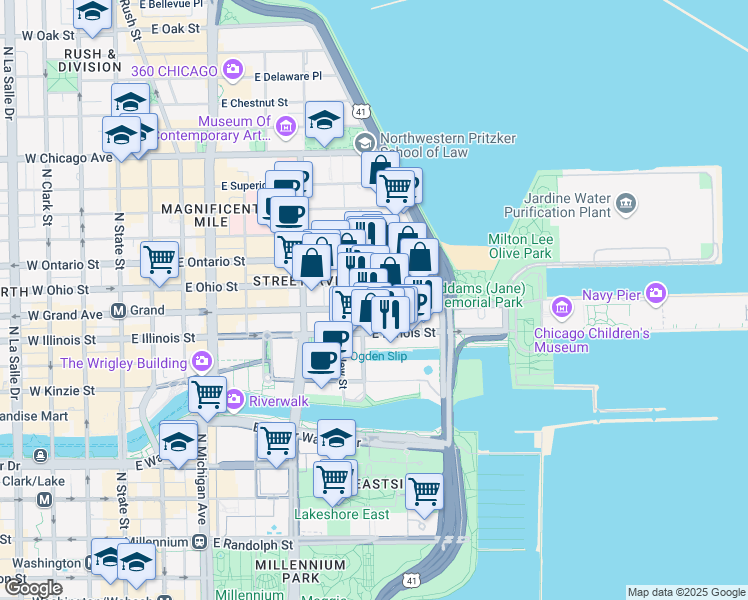 map of restaurants, bars, coffee shops, grocery stores, and more near 410 East Grand Avenue in Chicago
