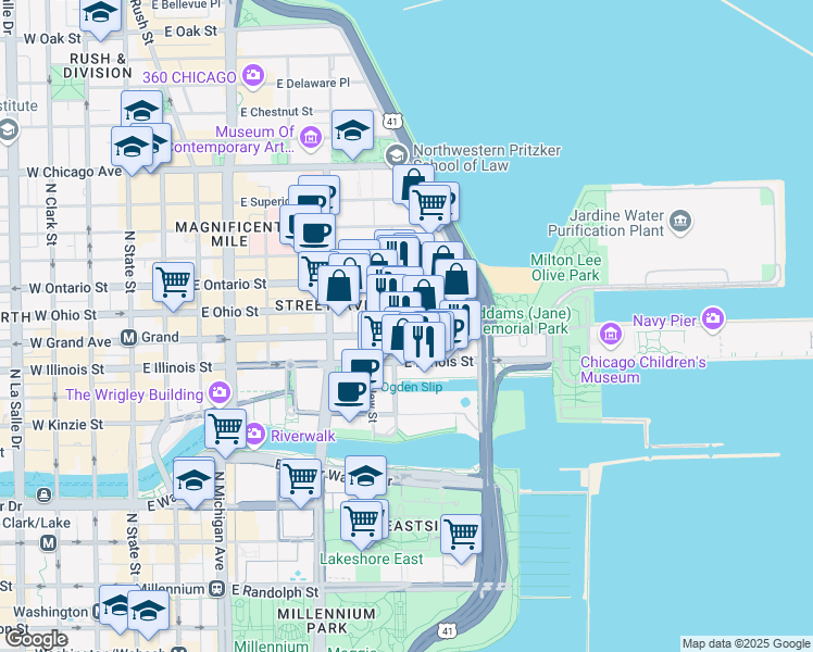 map of restaurants, bars, coffee shops, grocery stores, and more near 410 East Grand Avenue in Chicago