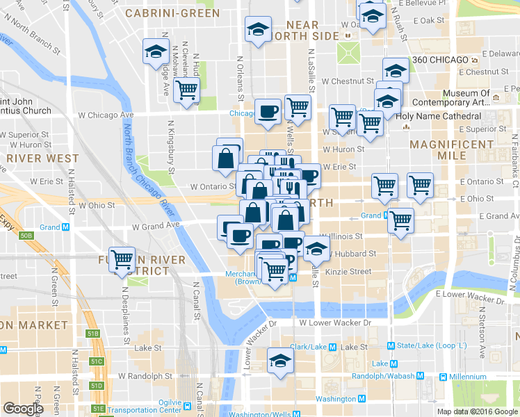 map of restaurants, bars, coffee shops, grocery stores, and more near 303 West Ohio Street in Chicago