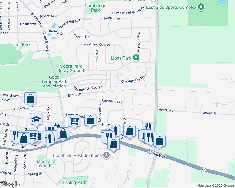 map of restaurants, bars, coffee shops, grocery stores, and more near 1131 Brentwood Court in Geneva
