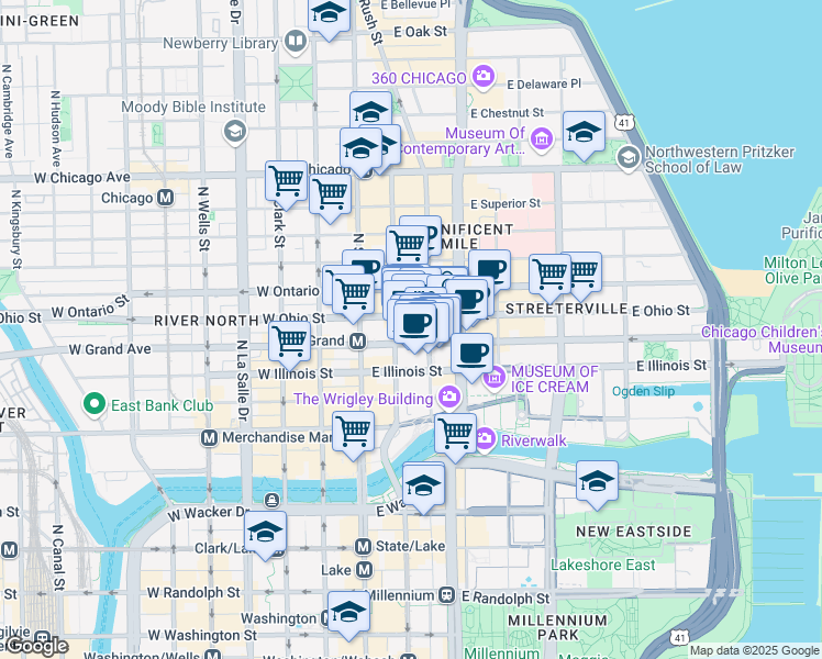 map of restaurants, bars, coffee shops, grocery stores, and more near 43 East Ohio Street in Chicago