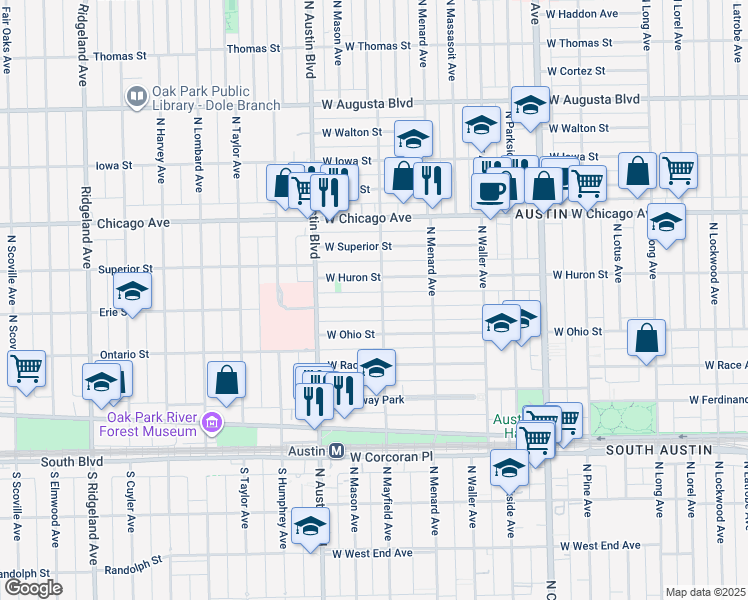 map of restaurants, bars, coffee shops, grocery stores, and more near 5906 West Erie Street in Chicago