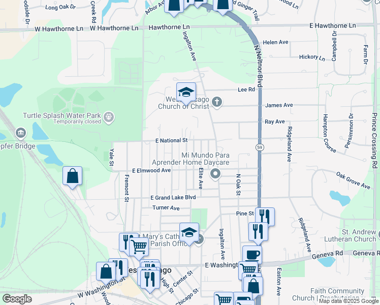 map of restaurants, bars, coffee shops, grocery stores, and more near 535 Claremont Avenue in West Chicago