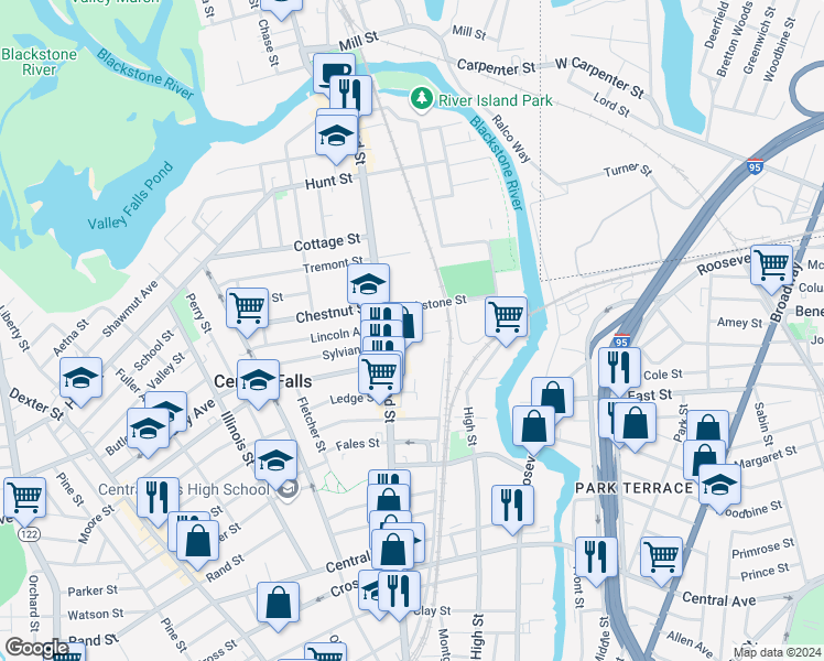 map of restaurants, bars, coffee shops, grocery stores, and more near 28 Bellevue Avenue in Central Falls