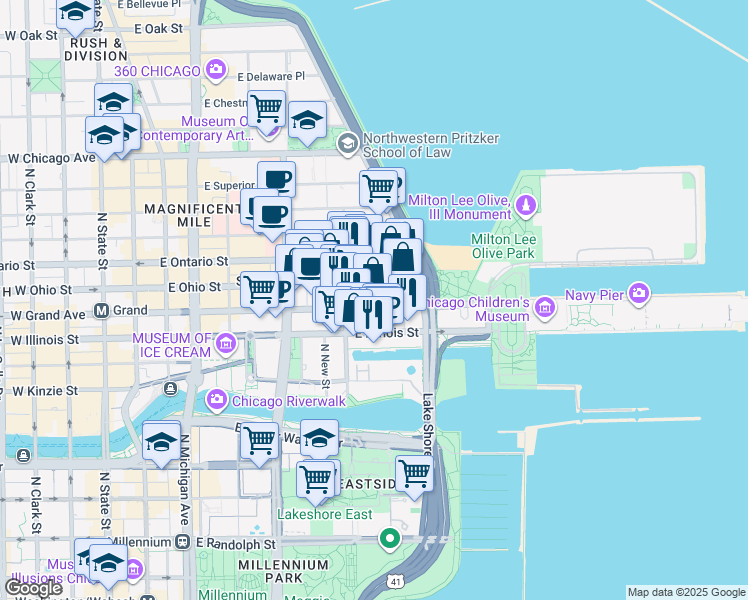 map of restaurants, bars, coffee shops, grocery stores, and more near 432 East Grand Avenue in Chicago