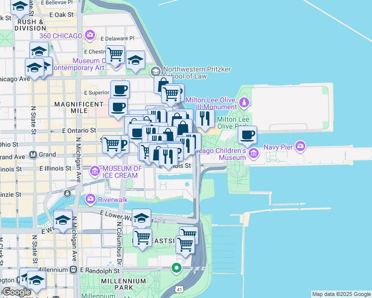 map of restaurants, bars, coffee shops, grocery stores, and more near 530 East Grand Avenue in Chicago