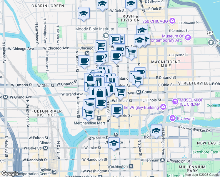 map of restaurants, bars, coffee shops, grocery stores, and more near 545 North La Salle Street in Chicago