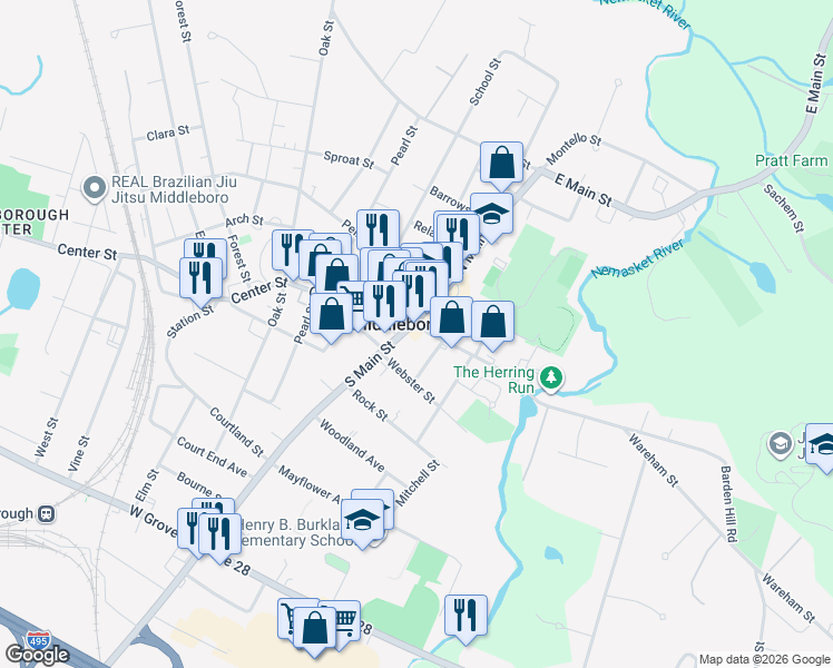 map of restaurants, bars, coffee shops, grocery stores, and more near in Middleborough