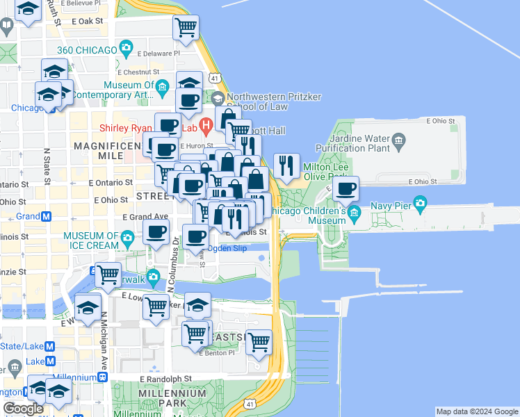 map of restaurants, bars, coffee shops, grocery stores, and more near 530 East Grand Avenue in Chicago