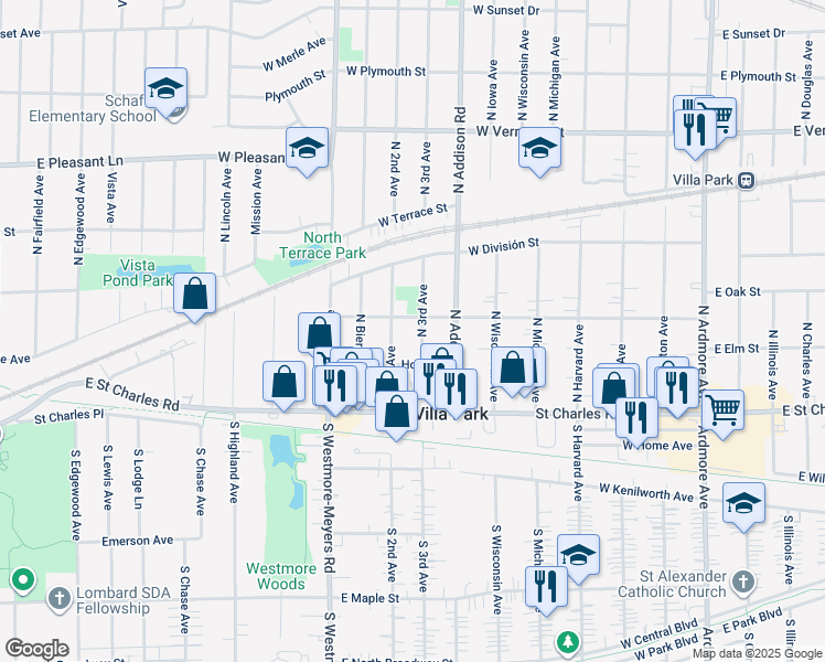map of restaurants, bars, coffee shops, grocery stores, and more near 119 North 3rd Avenue in Villa Park