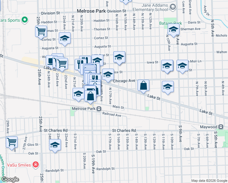 map of restaurants, bars, coffee shops, grocery stores, and more near 135 North 17th Avenue in Melrose Park