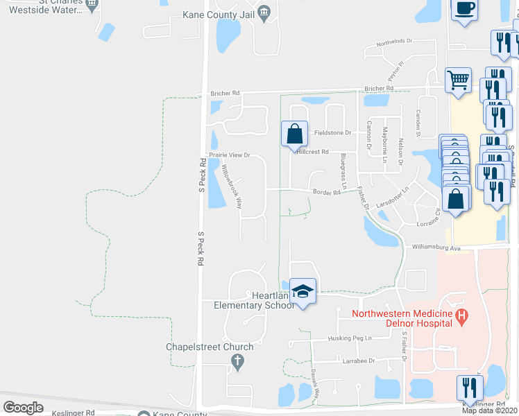 map of restaurants, bars, coffee shops, grocery stores, and more near 338 Prairie View Drive in Geneva
