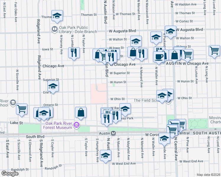map of restaurants, bars, coffee shops, grocery stores, and more near 5940 West Erie Street in Chicago