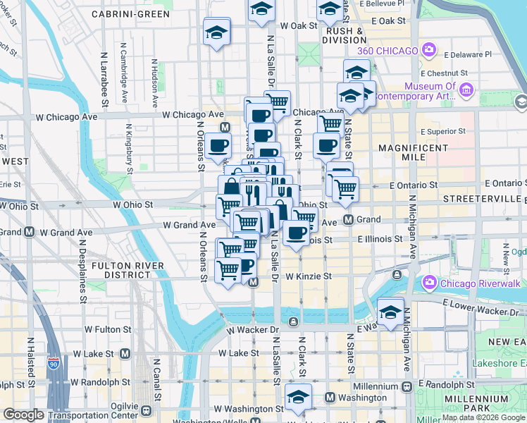 map of restaurants, bars, coffee shops, grocery stores, and more near 153 West Ohio Street in Chicago