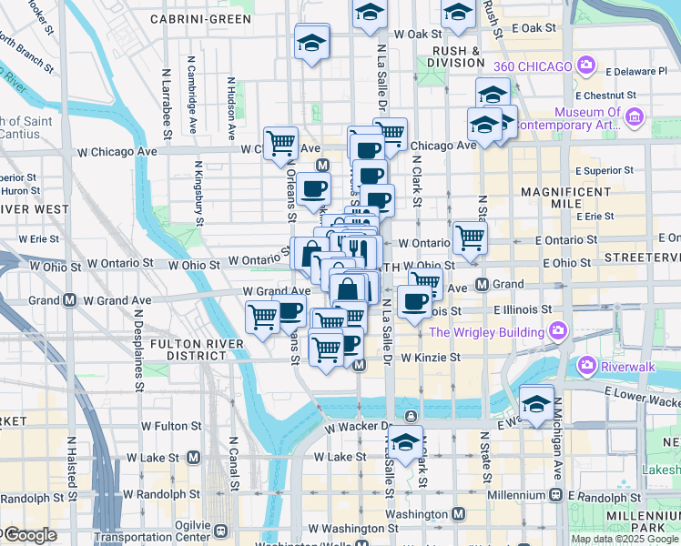 map of restaurants, bars, coffee shops, grocery stores, and more near 544 North Wells Street in Chicago