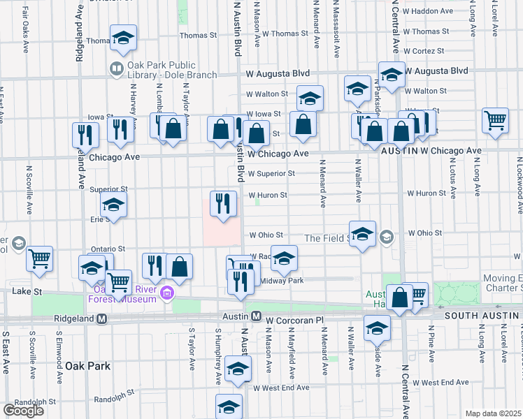 map of restaurants, bars, coffee shops, grocery stores, and more near 5940 West Erie Street in Chicago