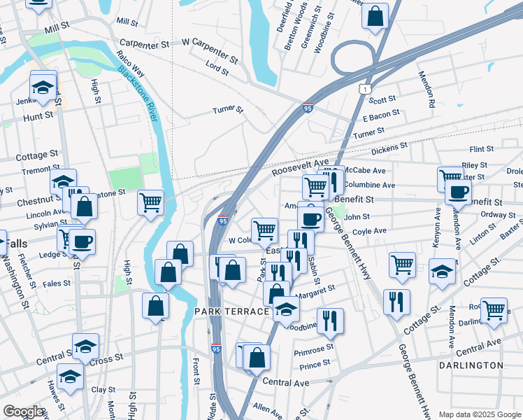map of restaurants, bars, coffee shops, grocery stores, and more near 30 Appleton Avenue in Pawtucket