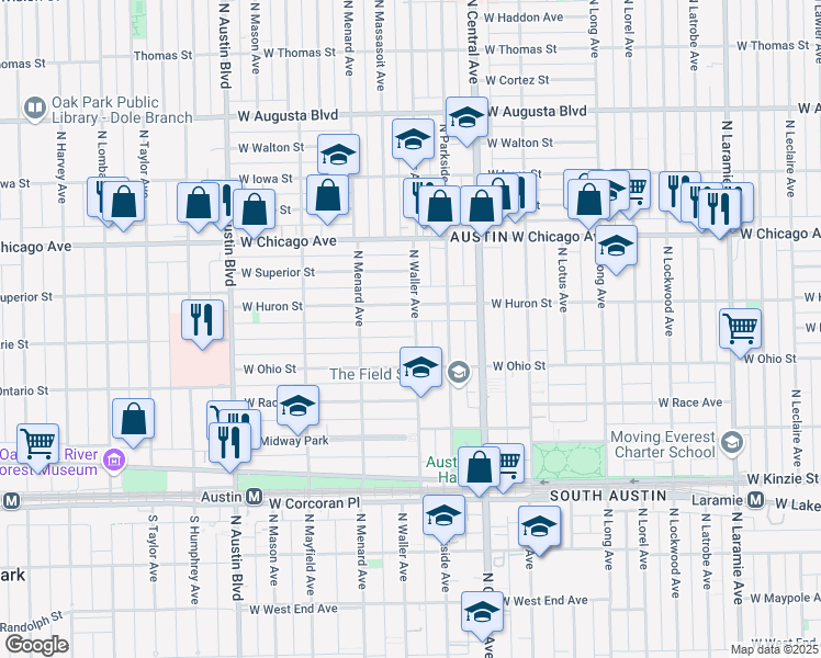 map of restaurants, bars, coffee shops, grocery stores, and more near 5700 West Erie Street in Chicago