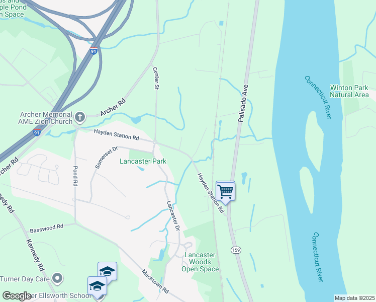 map of restaurants, bars, coffee shops, grocery stores, and more near 128 Hayden Station Road in Windsor