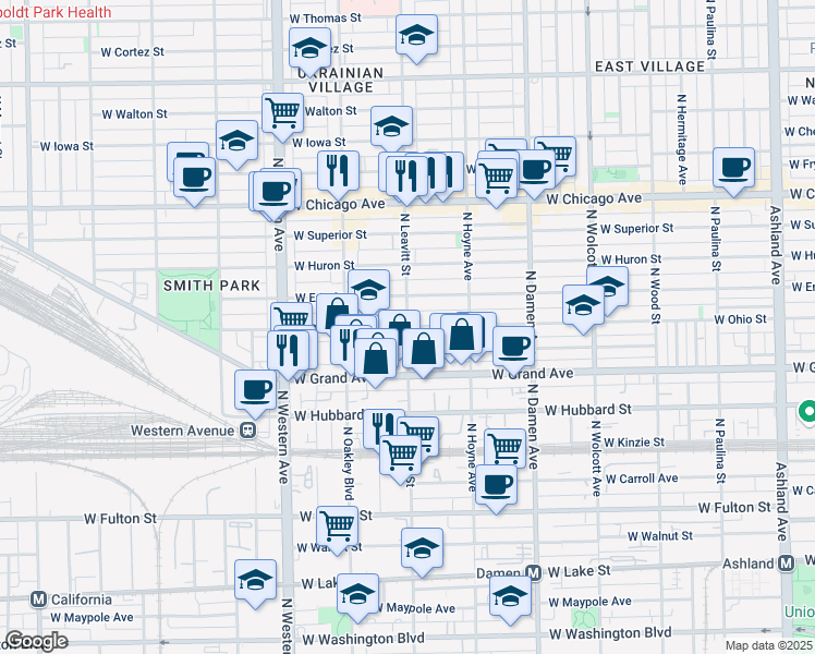 map of restaurants, bars, coffee shops, grocery stores, and more near North Leavitt Street & West Ohio Street in Chicago