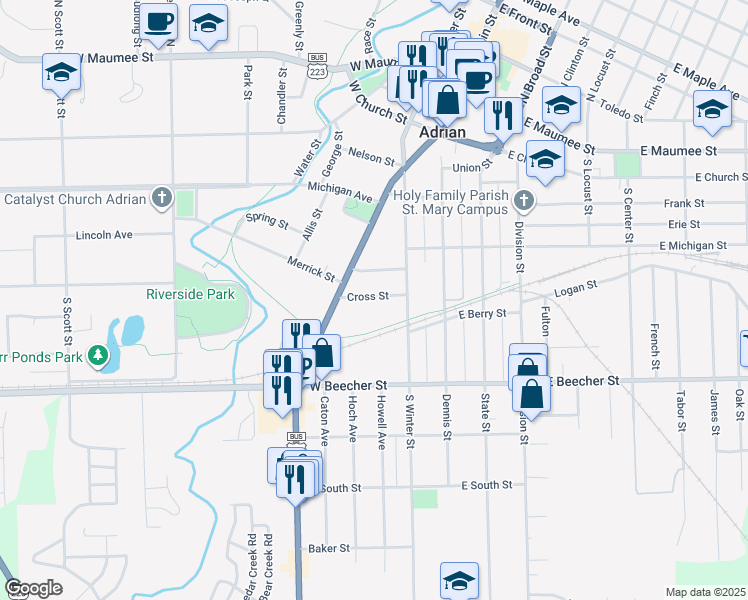 map of restaurants, bars, coffee shops, grocery stores, and more near 239 Cross Street in Adrian