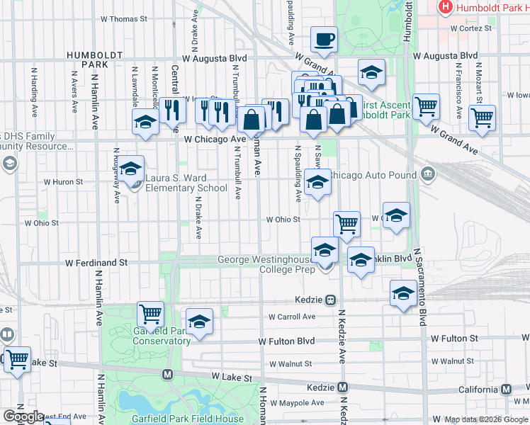 map of restaurants, bars, coffee shops, grocery stores, and more near 601 North Homan Avenue in Chicago
