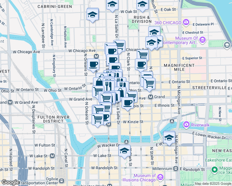 map of restaurants, bars, coffee shops, grocery stores, and more near 540 North LaSalle Drive in Chicago