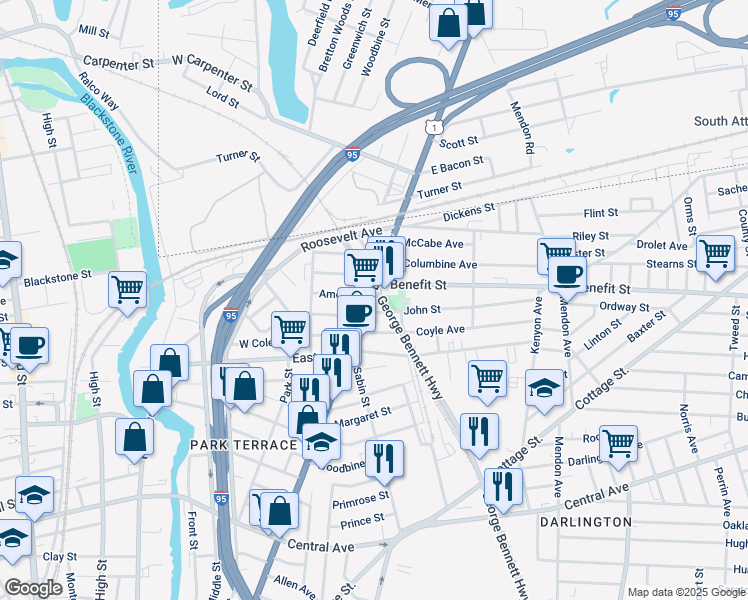 map of restaurants, bars, coffee shops, grocery stores, and more near 715 Broadway in Pawtucket