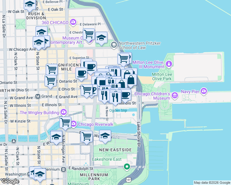 map of restaurants, bars, coffee shops, grocery stores, and more near 547 North McClurg Court in Chicago