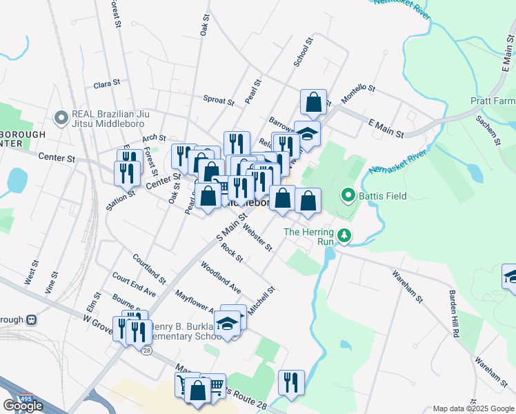 map of restaurants, bars, coffee shops, grocery stores, and more near 8 South Main Street in Middleborough