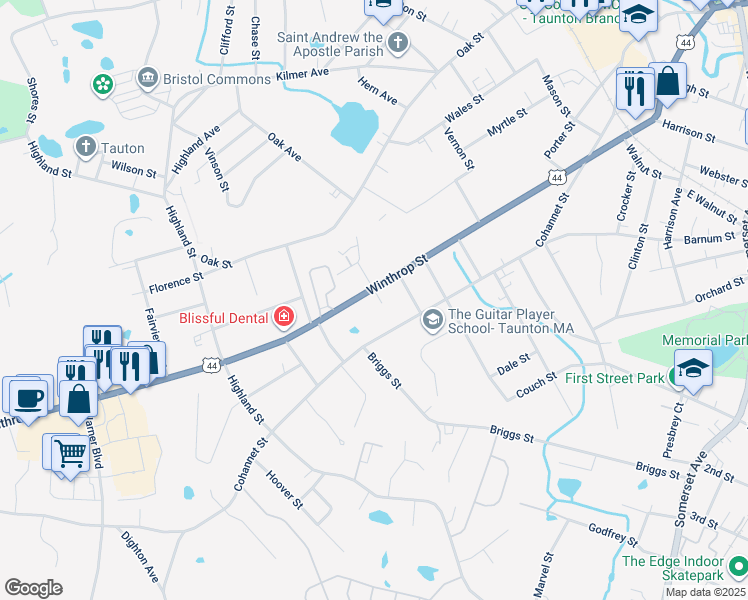 map of restaurants, bars, coffee shops, grocery stores, and more near 192 Winthrop Street in Taunton
