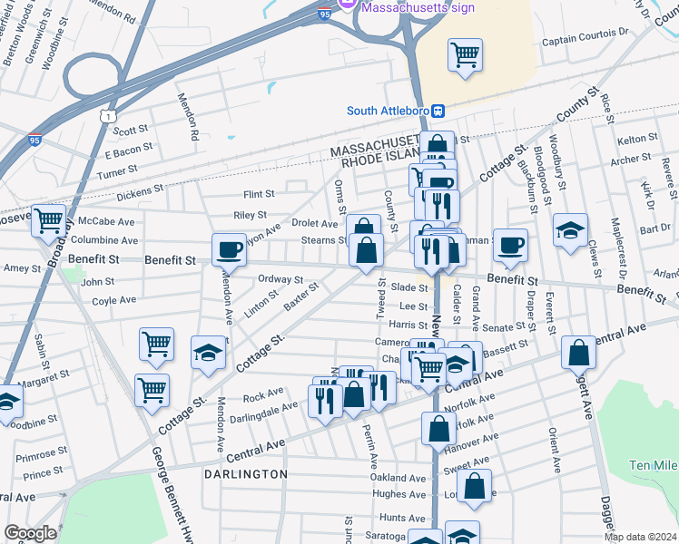 map of restaurants, bars, coffee shops, grocery stores, and more near 632 Cottage Street in Pawtucket